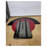 Abstract Circular glass Wall Sculpture - Red Disc with Black Crescent & Grey Panel