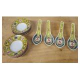 Chinese Porcelain Plates & Spoons Set - Yellow Floral Shou Pattern, 9 Plates & 5 Spoons