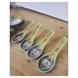 Chinese Porcelain Plates & Spoons Set - Yellow Floral Shou Pattern, 9 Plates & 5 Spoons
