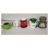 Egg Cups - Vintage Ceramic 5-Piece Set (Green Teapot, Leg Mug, Red Barrel, Green Drip, Flower Figurine)