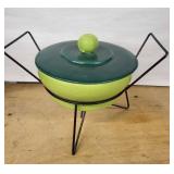 Mid-Century Green Enamel Fondue Pot on Wire Stand with Teal Lid