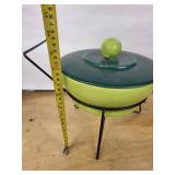 Mid-Century Green Enamel Fondue Pot on Wire Stand with Teal Lid