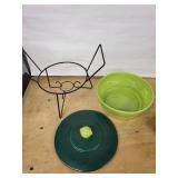 Mid-Century Green Enamel Fondue Pot on Wire Stand with Teal Lid