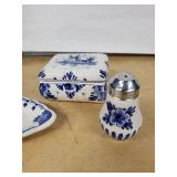 Delft Blue & White Delftware Trinket Box, Oval Plate & 2 Salt & Pepper Shakers