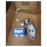Delft Blue & White Delftware Trinket Box, Oval Plate & 2 Salt & Pepper Shakers