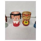 Vintage Egg Cups (Lot of 6) - Hand-Painted Wooden Cartoon Faces - Made in USA