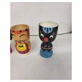 Vintage Egg Cups (Lot of 6) - Hand-Painted Wooden Cartoon Faces - Made in USA