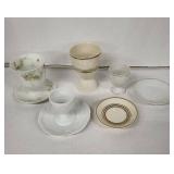 Vintage Egg Cups with Saucers Set - Floral Teacup, Gold-Trim Tall Cup & Plain White Cups