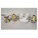Vintage Egg Cups - 4-Piece Ceramic Set: Striped Pedestal, Woven Basket, Double-Holder, Floral Egg