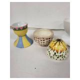 Vintage Egg Cups - 4-Piece Ceramic Set: Striped Pedestal, Woven Basket, Double-Holder, Floral Egg