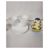 Vintage Egg Cups - 4-Piece Ceramic Set: Striped Pedestal, Woven Basket, Double-Holder, Floral Egg