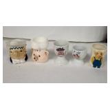 Vintage Ceramic Egg Cups - Hand Painted Pig & Cartoon Designs (Lot of 5)