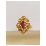 Gold Tone Sterling Silver Red Marquise & Clear Stone Cocktail Ring Size 7