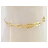 Sterling Silver 925 Gold Tone Paperclip Chain Bracelet w/ Clear Stone Accent Adjustable