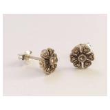 Sterling Silver 925 Flower Stud Earrings with Marcasite-Style Accents Petite