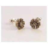 Sterling Silver 925 Flower Stud Earrings with Marcasite-Style Accents Petite