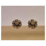 Sterling Silver 925 Flower Stud Earrings with Marcasite-Style Accents Petite