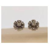 Sterling Silver 925 Flower Stud Earrings with Marcasite-Style Accents Petite