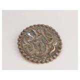 Antique French Sterling Silver Round Brooch Pin with Raised Arabic Calligraphy Design