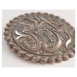 Antique French Sterling Silver Round Brooch Pin with Raised Arabic Calligraphy Design