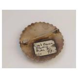 Antique French Sterling Silver Round Brooch Pin with Raised Arabic Calligraphy Design