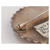 Antique French Sterling Silver Round Brooch Pin with Raised Arabic Calligraphy Design