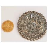 Antique French Sterling Silver Round Brooch Pin with Raised Arabic Calligraphy Design