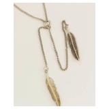 S925 Sterling Silver Feather Lariat Y Necklace Adjustable Chain SA Marked