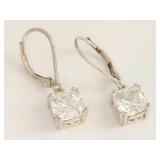 Sterling Silver 925 Cushion Cut Clear Stone Leverback Drop Earrings