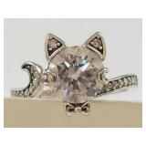 Sterling Silver S925 Cat & Crescent Moon Open Ring Clear Stone US Size 7