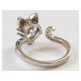 Sterling Silver S925 Cat & Crescent Moon Open Ring Clear Stone US Size 7