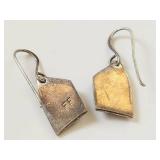 Sterling Silver Envelope Heart Dangle Earrings Artisan Signed EF Two Tone