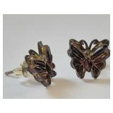 Vintage Sterling Silver Butterfly Stud Earrings Red Stone Accents Tarnished Finish