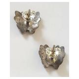 Vintage Sterling Silver Butterfly Stud Earrings Red Stone Accents Tarnished Finish