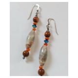 Sterling Silver Artisan Beaded Dangle Earrings Marbled Stone Goldstone Glass Drops