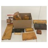 Assorted vintage wooden tool storage boxes Mitutoyo Starrett Dutch Masters darts packaging