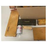 Assorted vintage wooden tool storage boxes Mitutoyo Starrett Dutch Masters darts packaging