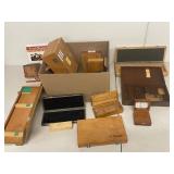 Assorted vintage wooden tool storage boxes Mitutoyo Starrett Dutch Masters darts packaging