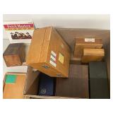 Assorted vintage wooden tool storage boxes Mitutoyo Starrett Dutch Masters darts packaging