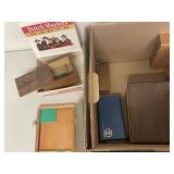 Assorted vintage wooden tool storage boxes Mitutoyo Starrett Dutch Masters darts packaging