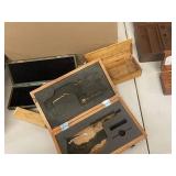 Assorted vintage wooden tool storage boxes Mitutoyo Starrett Dutch Masters darts packaging