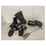 Gravity Guiding inversion boots, protective over-boots, lace-up boots and metal anchor tool gear lot