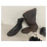 Gravity Guiding inversion boots, protective over-boots, lace-up boots and metal anchor tool gear lot