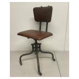Vintage Industrial Adjustable Metal Swivel Office Chair on Casters Brown Upholstered Seat Back
