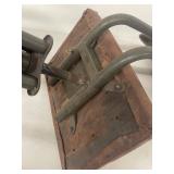 Vintage Industrial Adjustable Metal Swivel Office Chair on Casters Brown Upholstered Seat Back