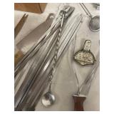 Wusthof Wood Knife Block with Assorted Stainless Kitchen Utensils Skewers Tongs Lot