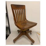 Vintage Oak Swivel Office Chair on Casters Adjustable Banker Style Wood Desk Chair