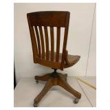 Vintage Oak Swivel Office Chair on Casters Adjustable Banker Style Wood Desk Chair