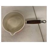 Vintage Le Creuset Orange Enamel Cast Iron Sauce Pan Wood Handle Pour Spout France Cookware