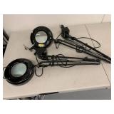 Pair Black Swing Arm Magnifier Desk Lamps with Clamp Mount and Glass Lens Inspection Lights